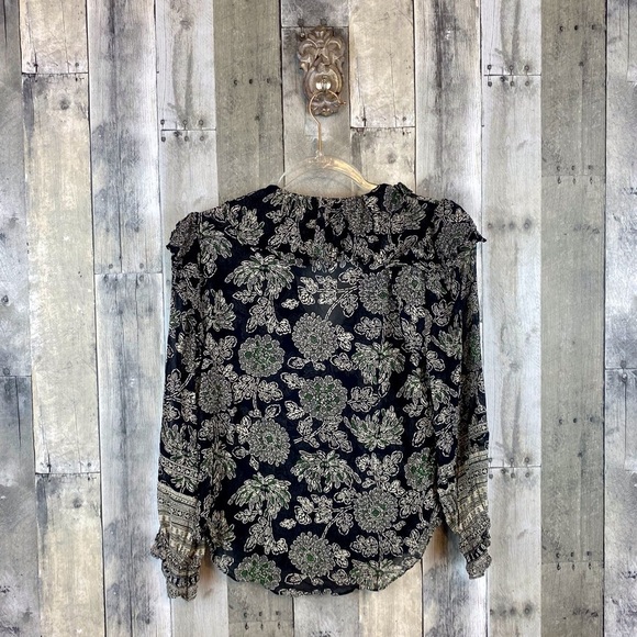 Veronica Beard Silk Ruffle Sleeve Floral Blouse in Black Green Multi Size Small. - Picture 3 of 12